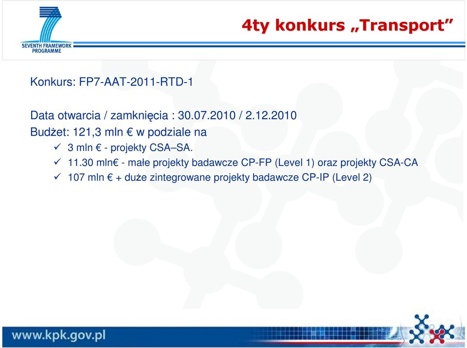 2010 BudŜet: 121,3 mln w podziale na 3 mln - projekty CSA SA. 11.