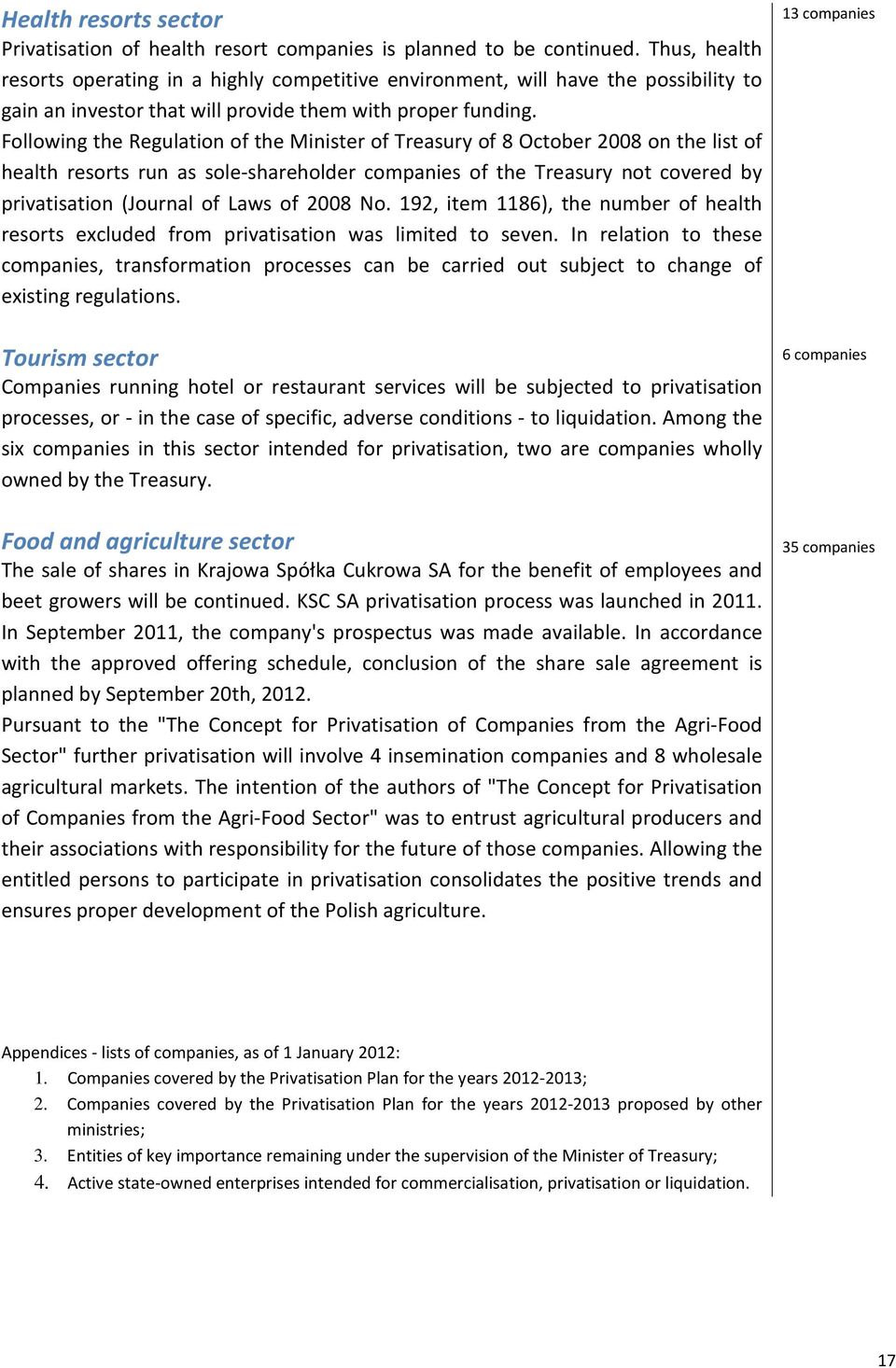 Following the Regulation of the Minister of Treasury of 8 October 2008 on the list of health resorts run as sole-shareholder companies of the Treasury not covered by privatisation (Journal of Laws of