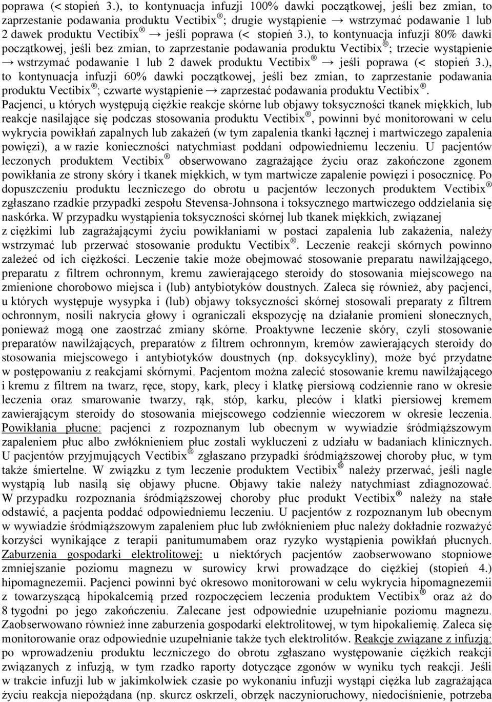 kontynuacja infuzji 80% dawki początkowej, jeśli bez zmian, to zaprzestanie podawania produktu Vectibix ; trzecie wystąpienie wstrzymać podawanie 1 lub 2 dawek produktu Vectibix jeśli ), to