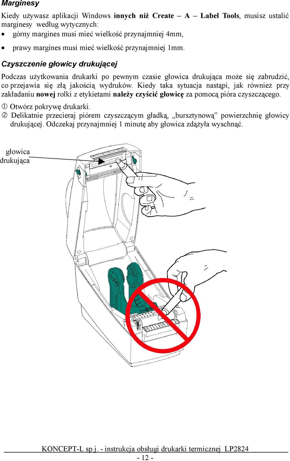 Czyszczenie głowicy drukującej Podczas użytkowania drukarki po pewnym czasie głowica drukująca może się zabrudzić, co przejawia się złą jakością wydruków.