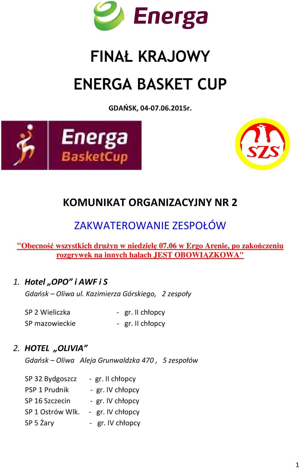 06 w Ergo Arenie, po zakończeniu rozgrywek na innych halach JEST OBOWIĄZKOWA" 1. Hotel OPO i AWF i S Gdańsk Oliwa ul.