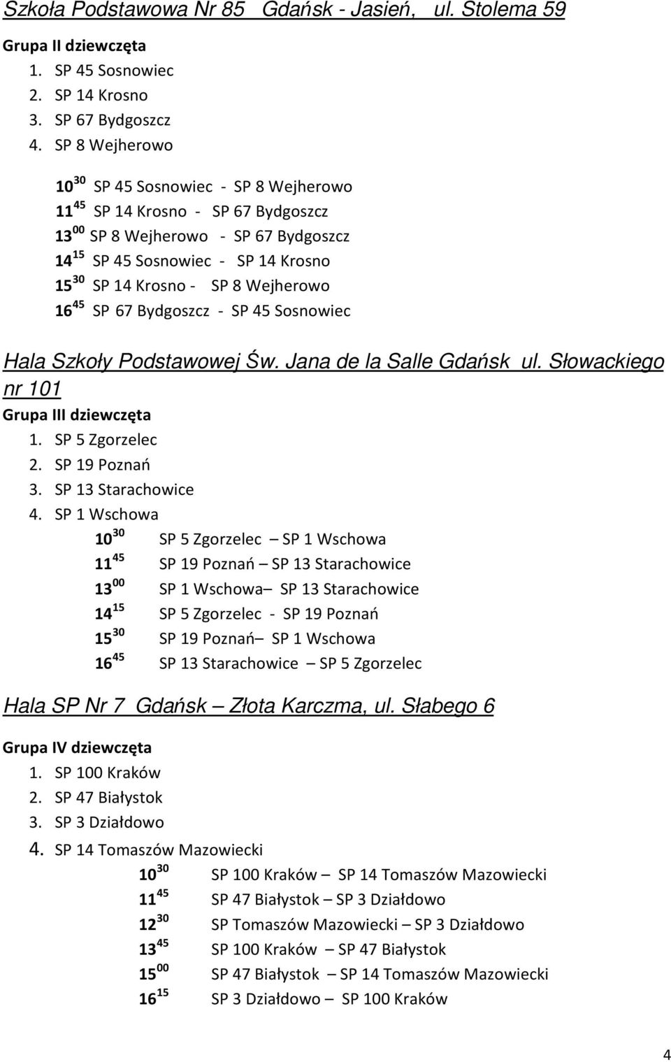 Wejherowo 16 45 SP 67 Bydgoszcz - SP 45 Sosnowiec Hala Szkoły Podstawowej Św. Jana de la Salle Gdańsk ul. Słowackiego nr 101 Grupa III dziewczęta 1. SP 5 Zgorzelec 2. SP 19 Poznań 3.