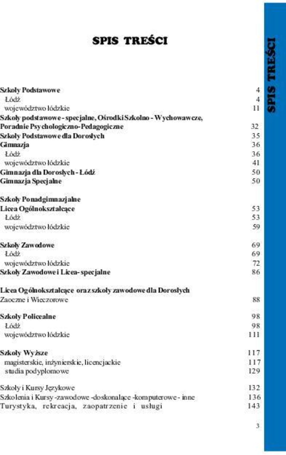 Zawodowe 69 ódÿ 69 województwo 72 ³ódzkie Szko³y Zawodowe i Licea- specjalne 86 Licea Ogólnokszta³c¹ce oraz szko³y zawodowe dla Doros³ych Zaoczne i Wieczorowe 88 Szko³y Policealne 98 ódÿ 98