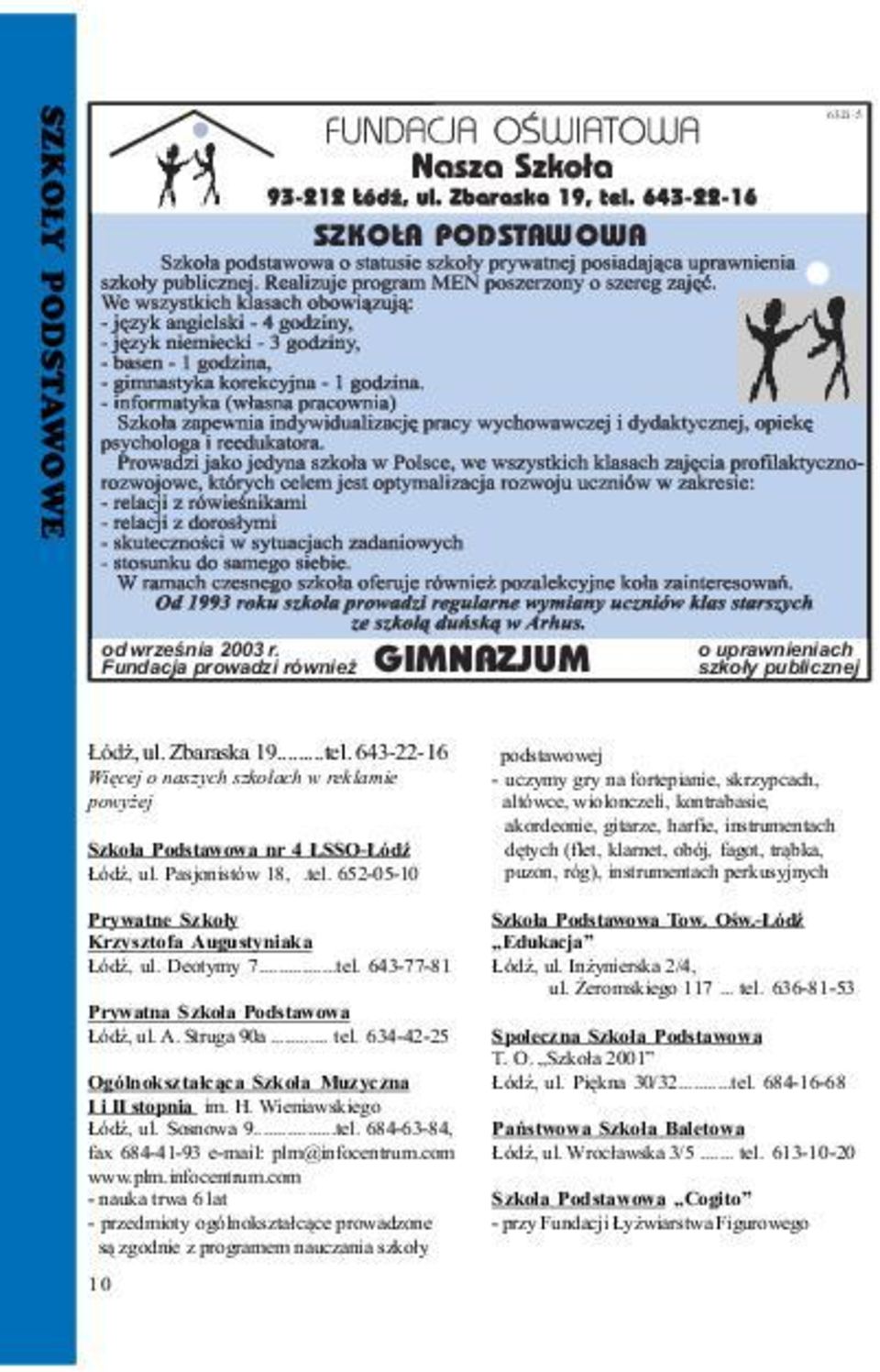 A. Struga 90a... tel. 634-42-25 Ogólnokszta³c¹ca Szko³a Muzyczna I i II stopnia im. H. Wieniawskiego ódÿ, ul. Sosnowa 9...tel. 684-63-84, fax 684-41-93 e-mail: plm@infocentrum.