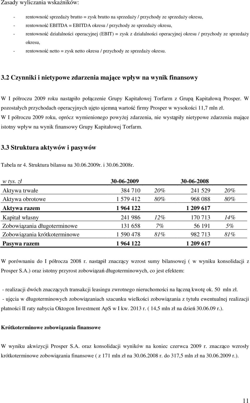 2 Czynniki i nietypowe zdarzenia mające wpływ na wynik finansowy W I półroczu 2009 roku nastąpiło połączenie Grupy Kapitałowej Torfarm z Grupą Kapitałową Prosper.