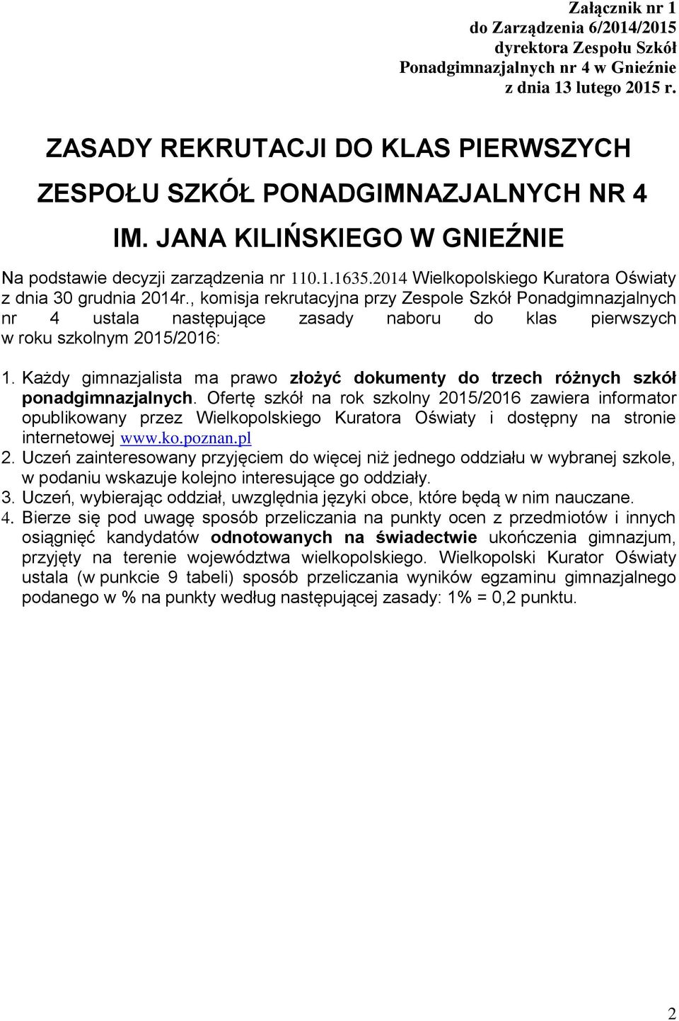 2014 Wielkopolskiego Kuratora Oświaty z dnia 30 grudnia 2014r.