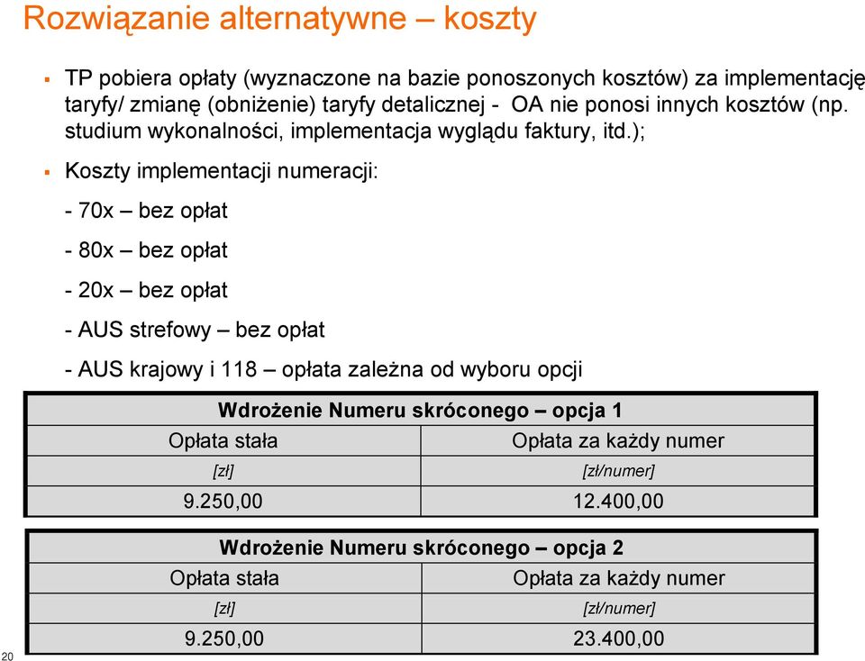 ); Koszty implementacji numeracji: - 70x bez opłat - 80x bez opłat - 20x bez opłat - AUS strefowy bez opłat - AUS krajowy i 118 opłata zależna od wyboru