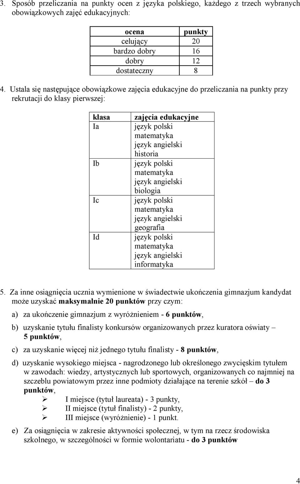 Za inne osiągnięcia ucznia wymienione w świadectwie ukończenia gimnazjum kandydat może uzyskać maksymalnie 20 punktów przy czym: a) za ukończenie gimnazjum z wyróżnieniem - 6 punktów, b) uzyskanie