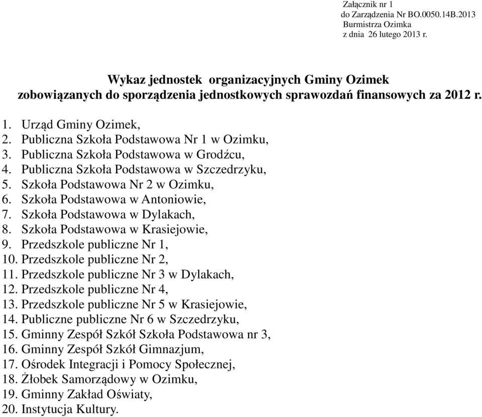 Szkoła Podstawowa w Antoniowie, 7. Szkoła Podstawowa w Dylakach, 8. Szkoła Podstawowa w Krasiejowie, 9. Przedszkole publiczne Nr, 0. Przedszkole publiczne Nr,. Przedszkole publiczne Nr w Dylakach,.