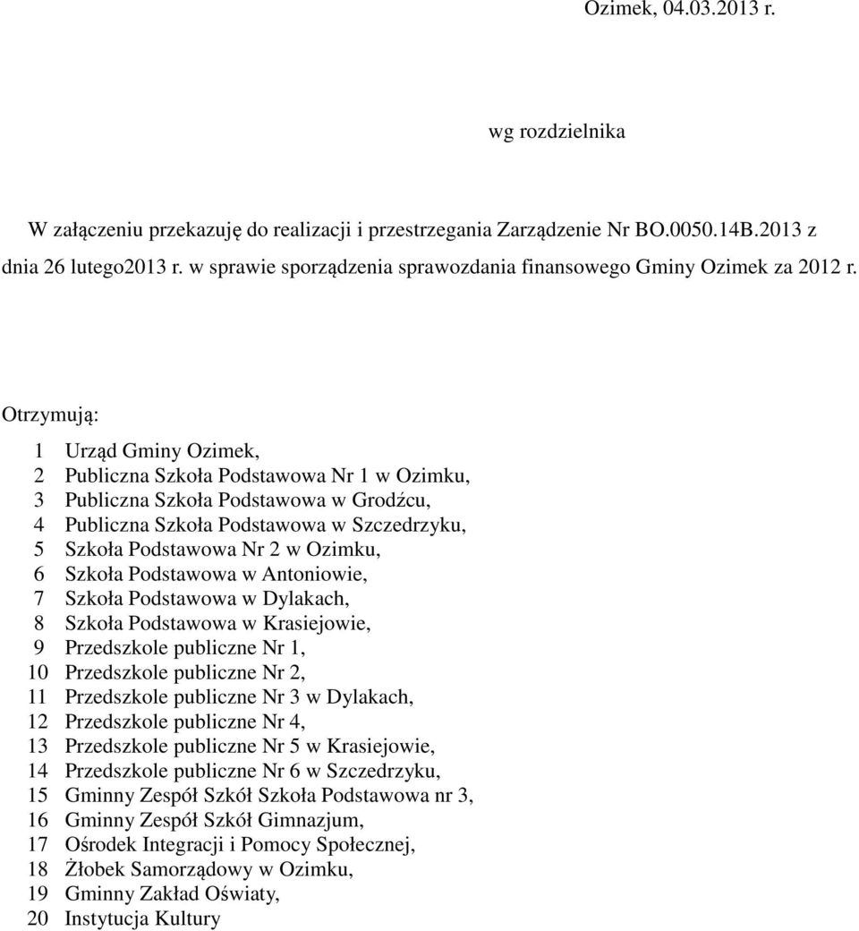 Otrzymują: Urząd Gminy Ozimek, Publiczna Szkoła Podstawowa Nr w Ozimku, Publiczna Szkoła Podstawowa w Grodźcu, 4 Publiczna Szkoła Podstawowa w Szczedrzyku, 5 Szkoła Podstawowa Nr w Ozimku, 6 Szkoła