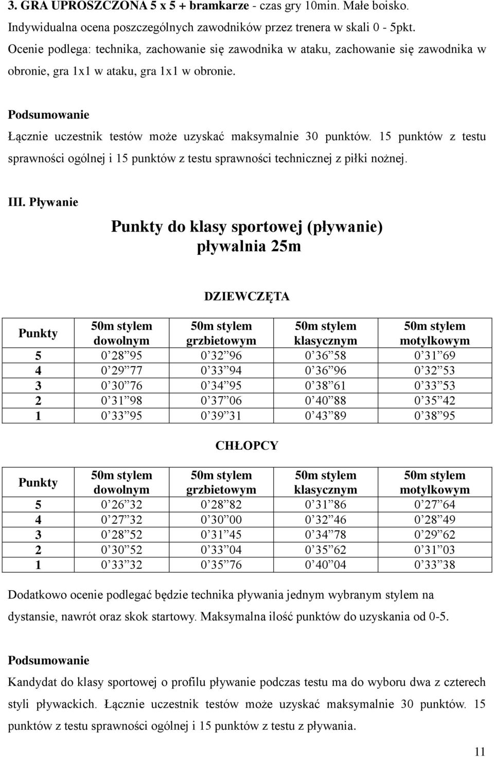 Podsumowanie Łącznie uczestnik testów może uzyskać maksymalnie 30 punktów. 15 punktów z testu sprawności ogólnej i 15 punktów z testu sprawności technicznej z piłki nożnej. III.