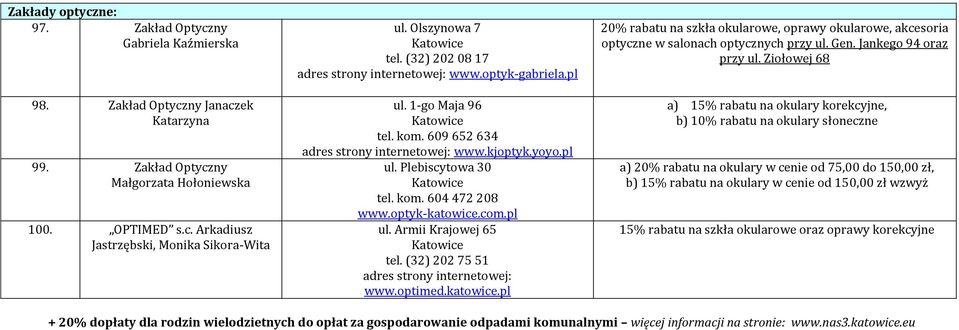 (32) 202 75 51 www.optimed.katowice.pl 20% rabatu na szkła okularowe, oprawy okularowe, akcesoria optyczne w salonach optycznych przy ul. Gen. Jankego 94 oraz przy ul.