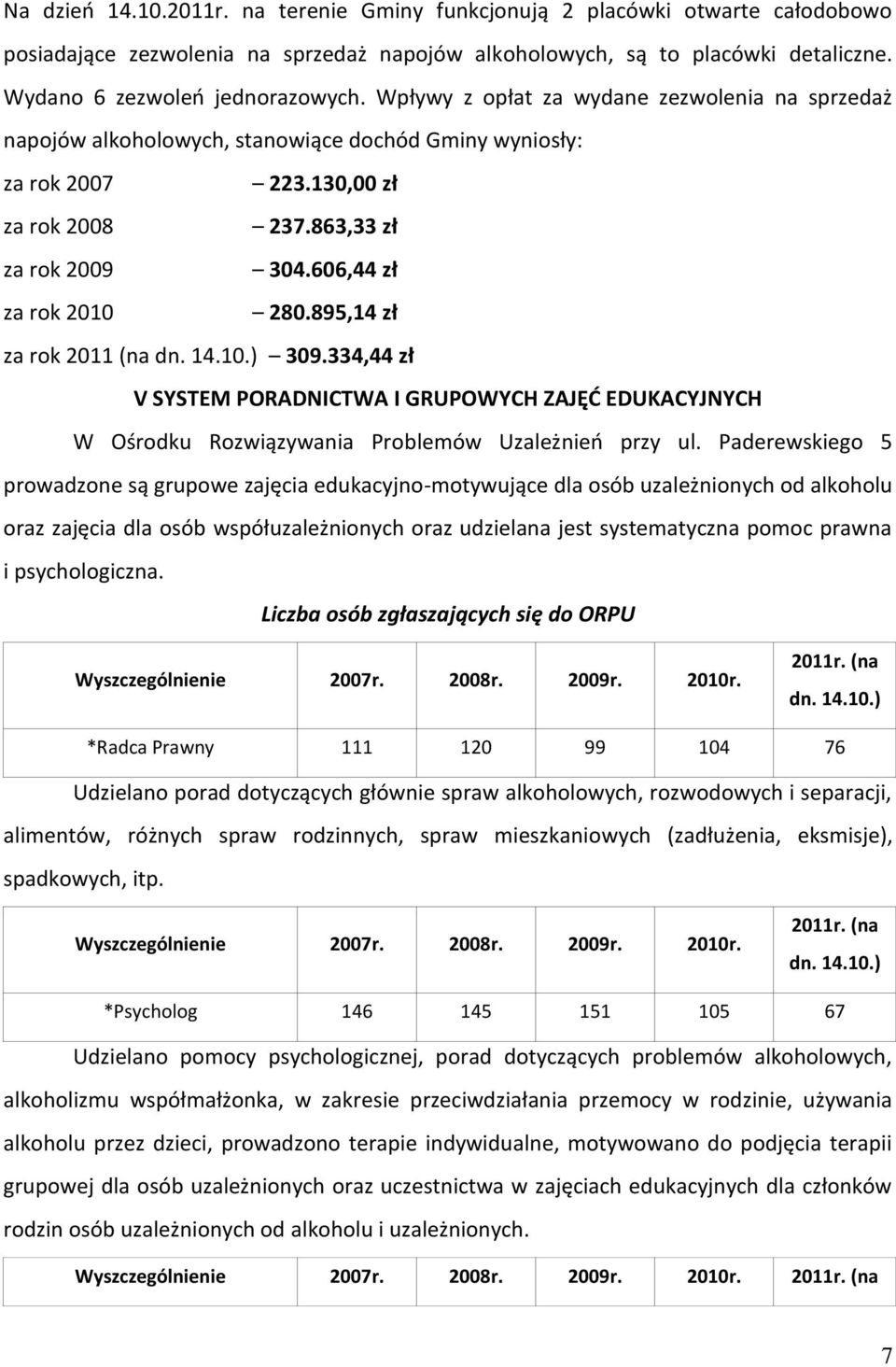 895,14 zł za rok 2011 (na dn. 14.10.) 309.334,44 zł V SYSTEM PORADNICTWA I GRUPOWYCH ZAJĘĆ EDUKACYJNYCH W Ośrodku Rozwiązywania Problemów Uzależnień przy ul.