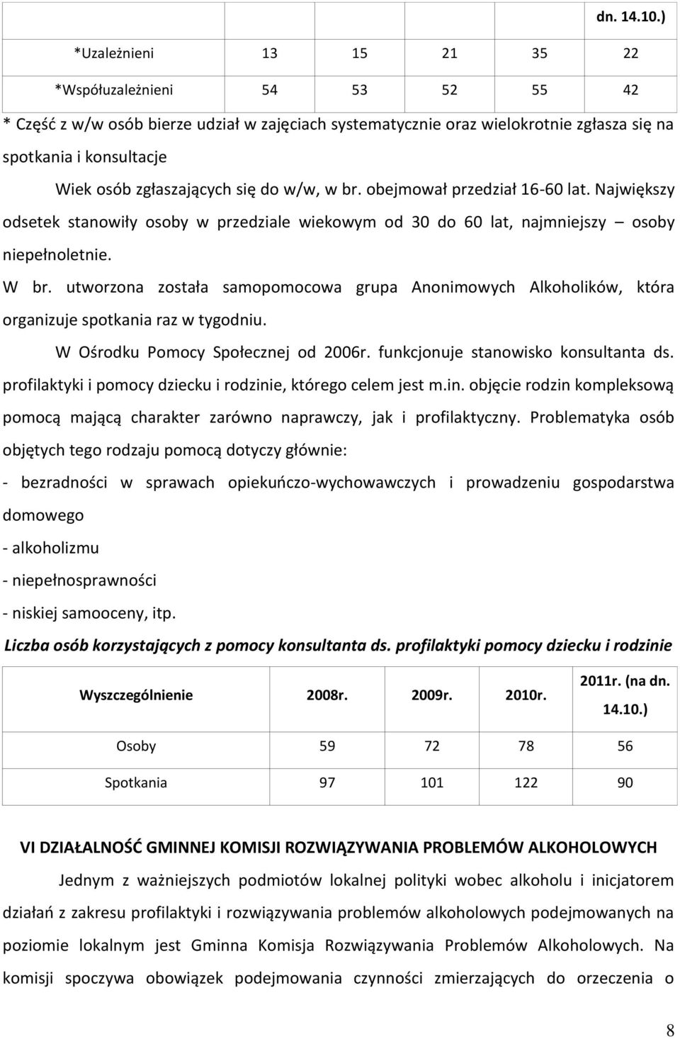 zgłaszających się do w/w, w br. obejmował przedział 16-60 lat. Największy odsetek stanowiły osoby w przedziale wiekowym od 30 do 60 lat, najmniejszy osoby niepełnoletnie. W br.