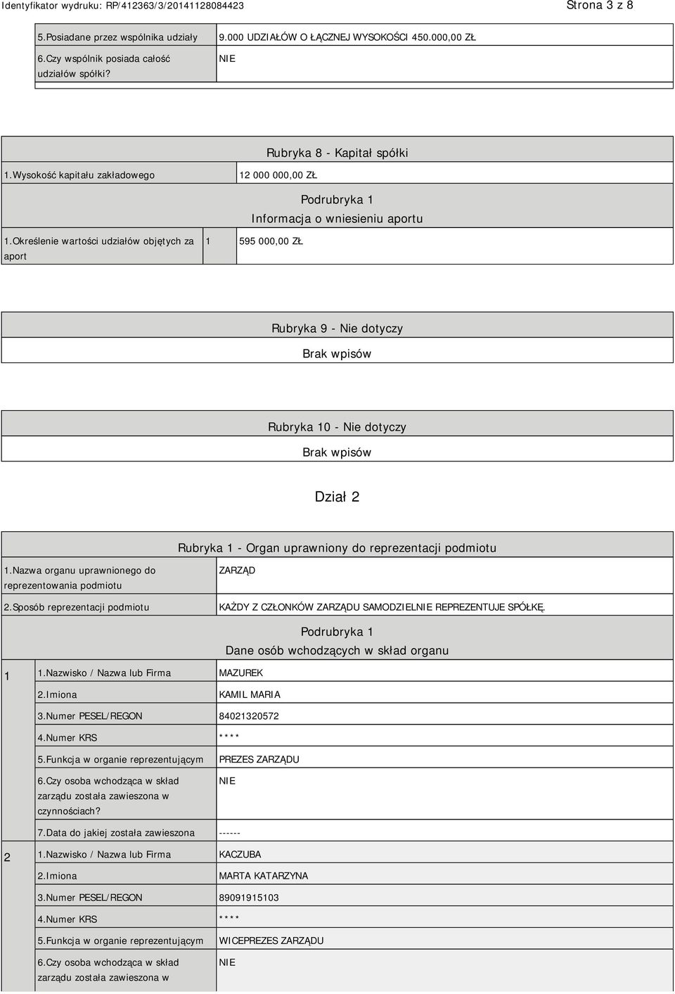 Określenie wartości udziałów objętych za aport 1 595 000,00 ZŁ Rubryka 9 - Nie dotyczy Rubryka 10 - Nie dotyczy Dział 2 Rubryka 1 - Organ uprawniony do reprezentacji podmiotu 1.