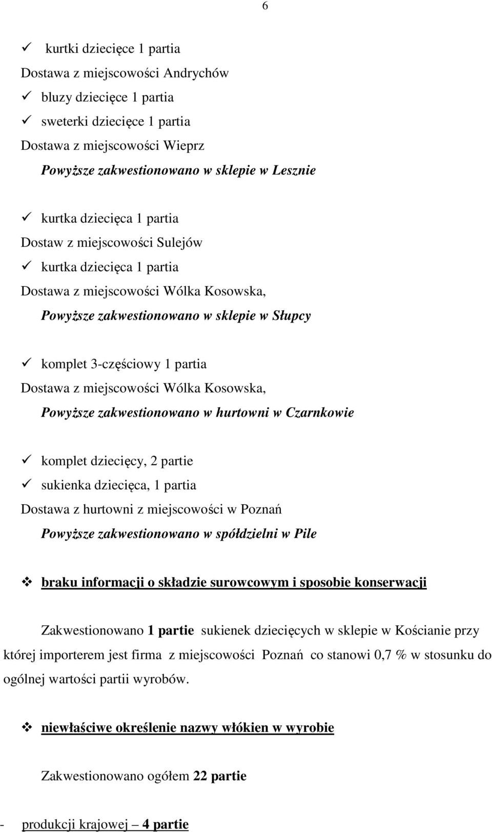 miejscowości Wólka Kosowska, Powyższe zakwestionowano w hurtowni w Czarnkowie komplet dziecięcy, 2 partie sukienka dziecięca, 1 partia Dostawa z hurtowni z miejscowości w Poznań Powyższe