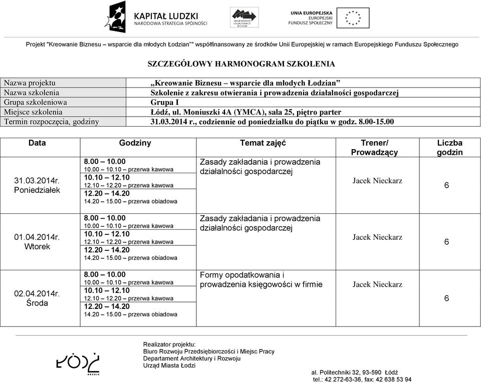 Moniuszki 4A (YMCA), sala 25, piętro parter Termin rozpoczęcia, godziny 31.03.2014 r., codziennie od poniedziałku do piątku w godz. 8.00-15.00 Data Godziny Temat zajęć Trener/ Prowadzący 31.03.2014r.