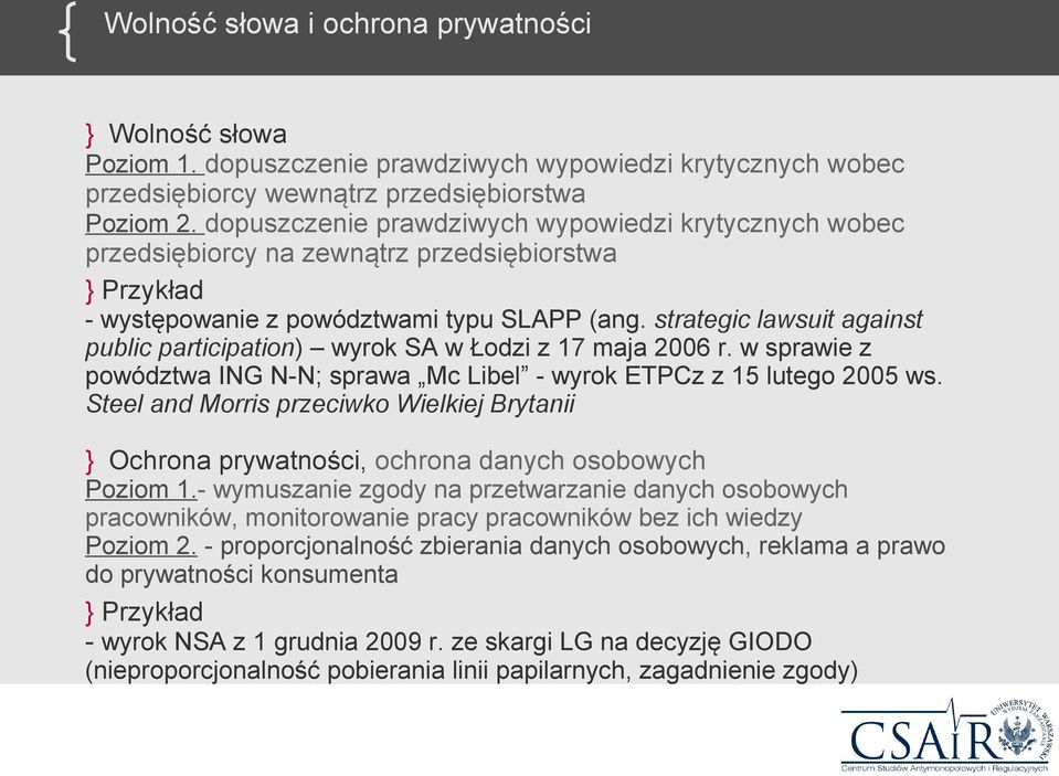 strategic lawsuit against public participation) wyrok SA w Łodzi z 17 maja 2006 r. w sprawie z powództwa ING N-N; sprawa Mc Libel - wyrok ETPCz z 15 lutego 2005 ws.