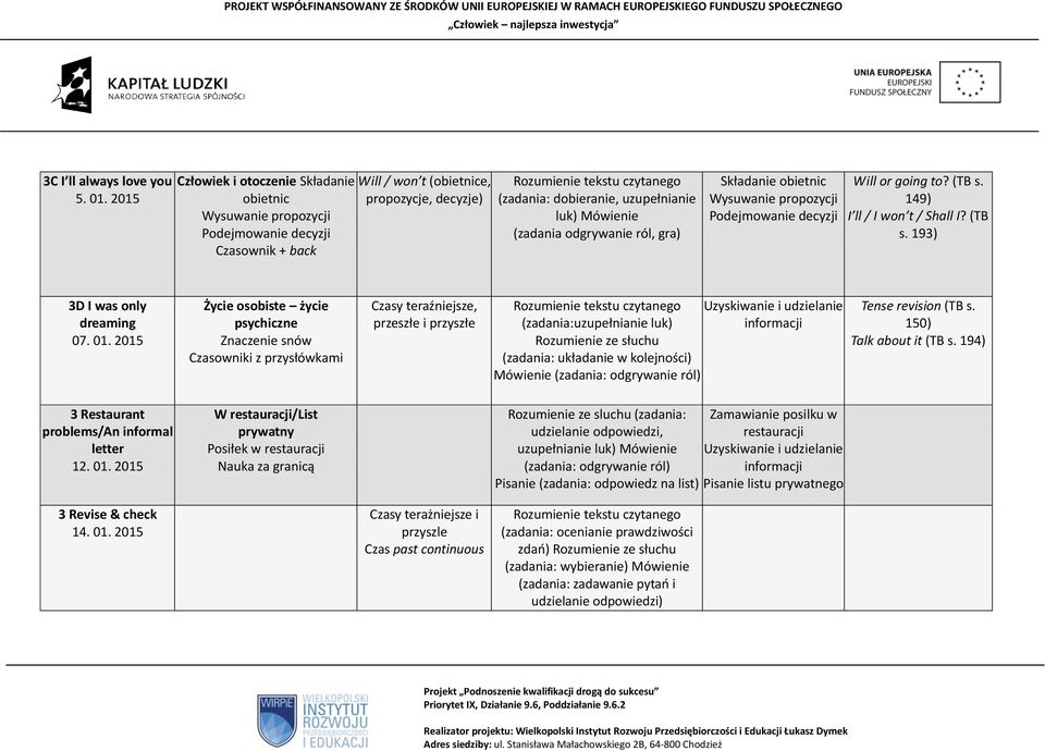 (zadania odgrywanie ról, gra) Składanie obietnic Wysuwanie propozycji Podejmowanie decyzji Will or going to? (TB s. 149) I ll / I won t / Shall I? (TB s. 193) 3D I was only dreaming 07. 01.