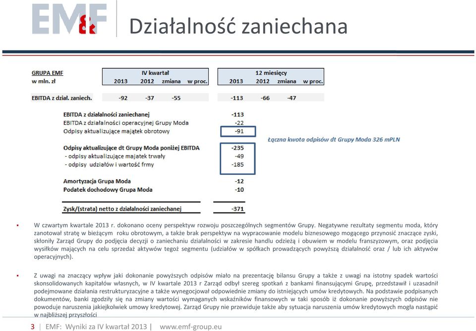 Grupy do podjęcia decyzji o zaniechaniu działalności w zakresie handlu odzieżą i obuwiem w modelu franszyzowym, oraz podjęcia wysiłków mających na celu sprzedaż aktywów tegoż segmentu (udziałów w