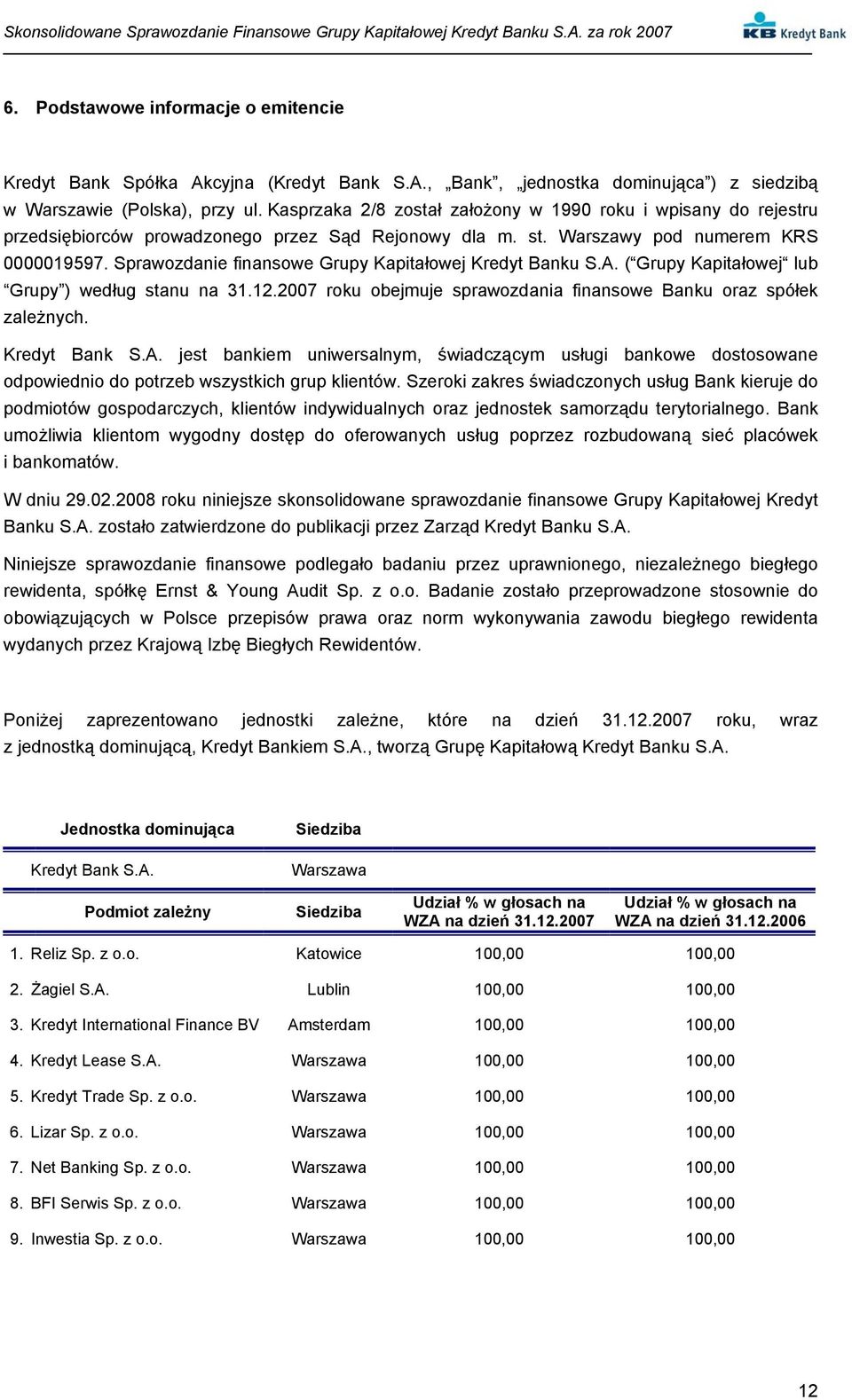 Sprawozdanie finansowe Grupy Kapitałowej Kredyt Banku S.A. ( Grupy Kapitałowej lub Grupy ) według stanu na 31.12.2007 roku obejmuje sprawozdania finansowe Banku oraz spółek zależnych. Kredyt Bank S.A. jest bankiem uniwersalnym, świadczącym usługi bankowe dostosowane odpowiednio do potrzeb wszystkich grup klientów.