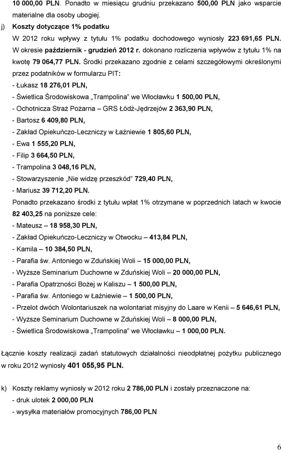dokonano rozliczenia wpływów z tytułu 1% na kwotę 79 064,77 PLN.