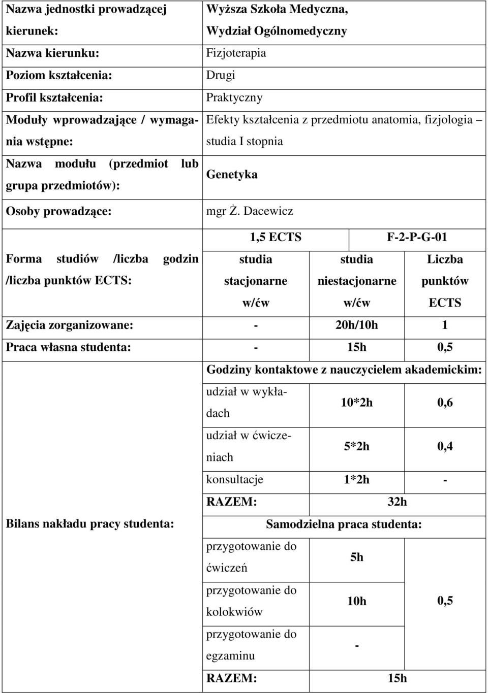 Dacewicz 1,5 ECTS F-2-P-G-01 Forma studiów /liczba godzin studia studia Liczba /liczba punktów ECTS: stacjonarne w/ćw niestacjonarne w/ćw punktów ECTS Zajęcia zorganizowane: - 20h/10h 1 Praca własna