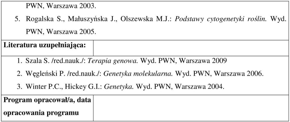 PWN, Warszawa 2009 2. Węgleński P. /red.nauk./: Genetyka molekularna. Wyd. PWN, Warszawa 2006. 3.