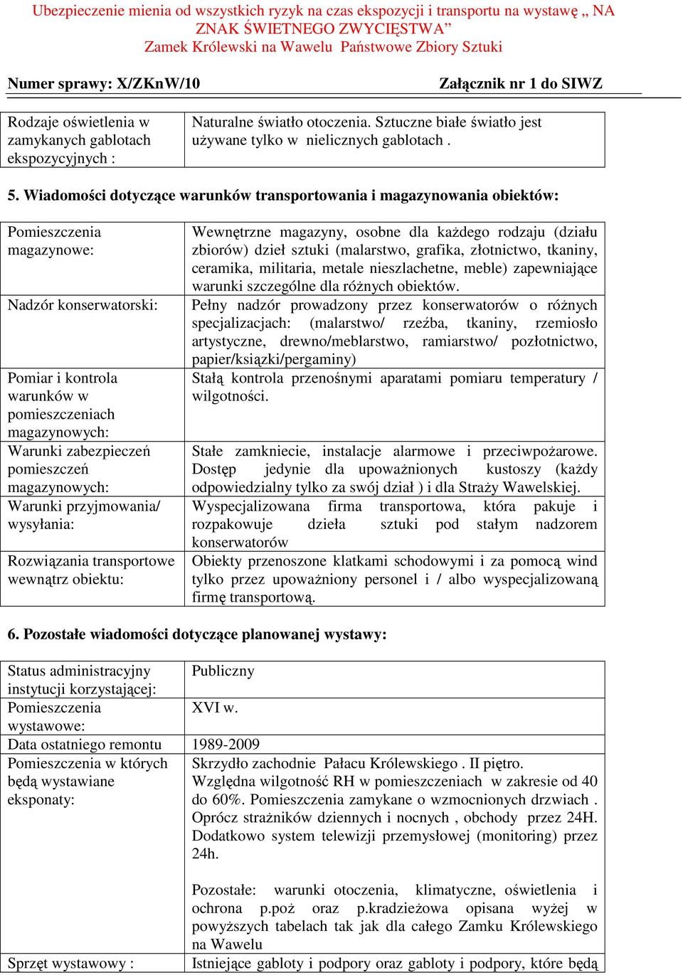 magazynowych: Warunki przyjmowania/ wysyłania: Rozwiązania transportowe wewnątrz obiektu: Wewnętrzne magazyny, osobne dla każdego rodzaju (działu zbiorów) dzieł sztuki (malarstwo, grafika,