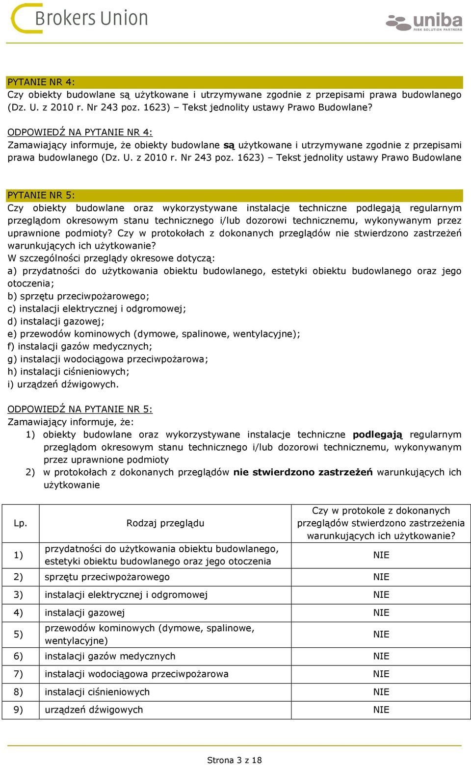 1623) Tekst jednolity ustawy Prawo Budowlane PYTANIE NR 5: Czy obiekty budowlane oraz wykorzystywane instalacje techniczne podlegają regularnym przeglądom okresowym stanu technicznego i/lub dozorowi