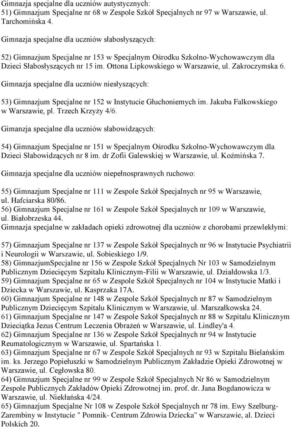 Zakroczymska 6. Gimnazja specjalne dla uczniów niesłyszących: 53) Gimnazjum Specjalne nr 152 w Instytucie Głuchoniemych im. Jakuba Falkowskiego w Warszawie, pl. Trzech Krzyży 4/6.