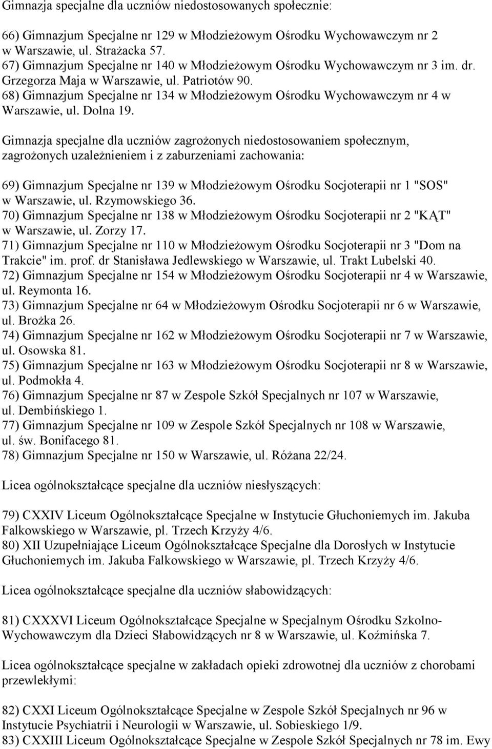 68) Gimnazjum Specjalne nr 134 w Młodzieżowym Ośrodku Wychowawczym nr 4 w Warszawie, ul. Dolna 19.