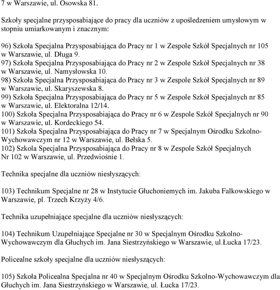 105 w Warszawie, ul. Długa 9. 97) Szkoła Specjalna Przysposabiająca do Pracy nr 2 w Zespole Szkół Specjalnych nr 38 w Warszawie, ul. Namysłowska 10.