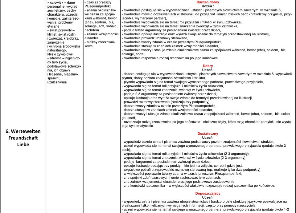 zaprzeszły Plusquamperfekt - zdania okolicznikowe czasu ze spójnikami während, bevor (ehe), seidem, bis, solange, soft, sobald, nachdem - zaimek wzajemności einander - sufiksy rzeczownikowe -