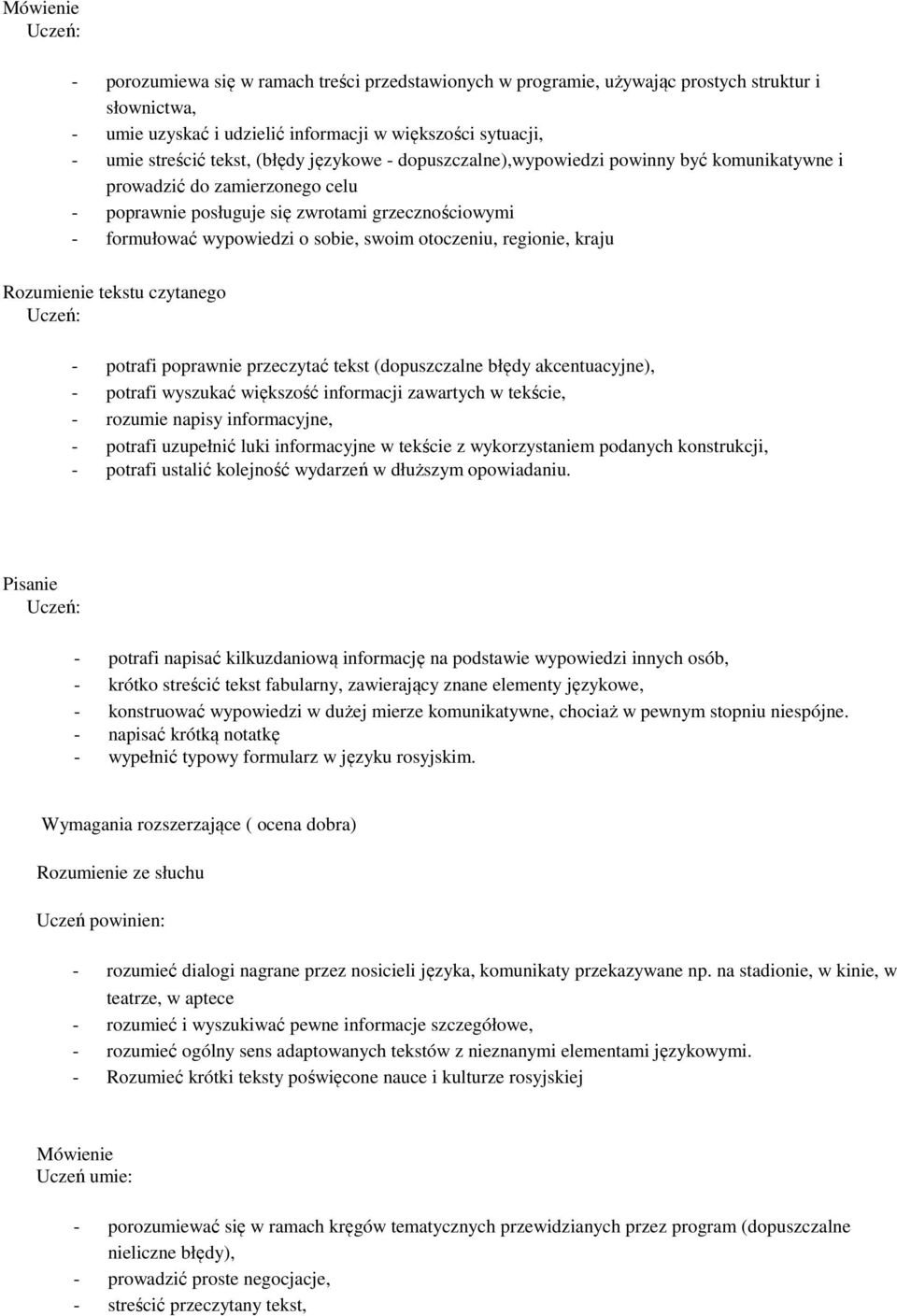 regionie, kraju - potrafi poprawnie przeczytać tekst (dopuszczalne błędy akcentuacyjne), - potrafi wyszukać większość informacji zawartych w tekście, - rozumie napisy informacyjne, - potrafi