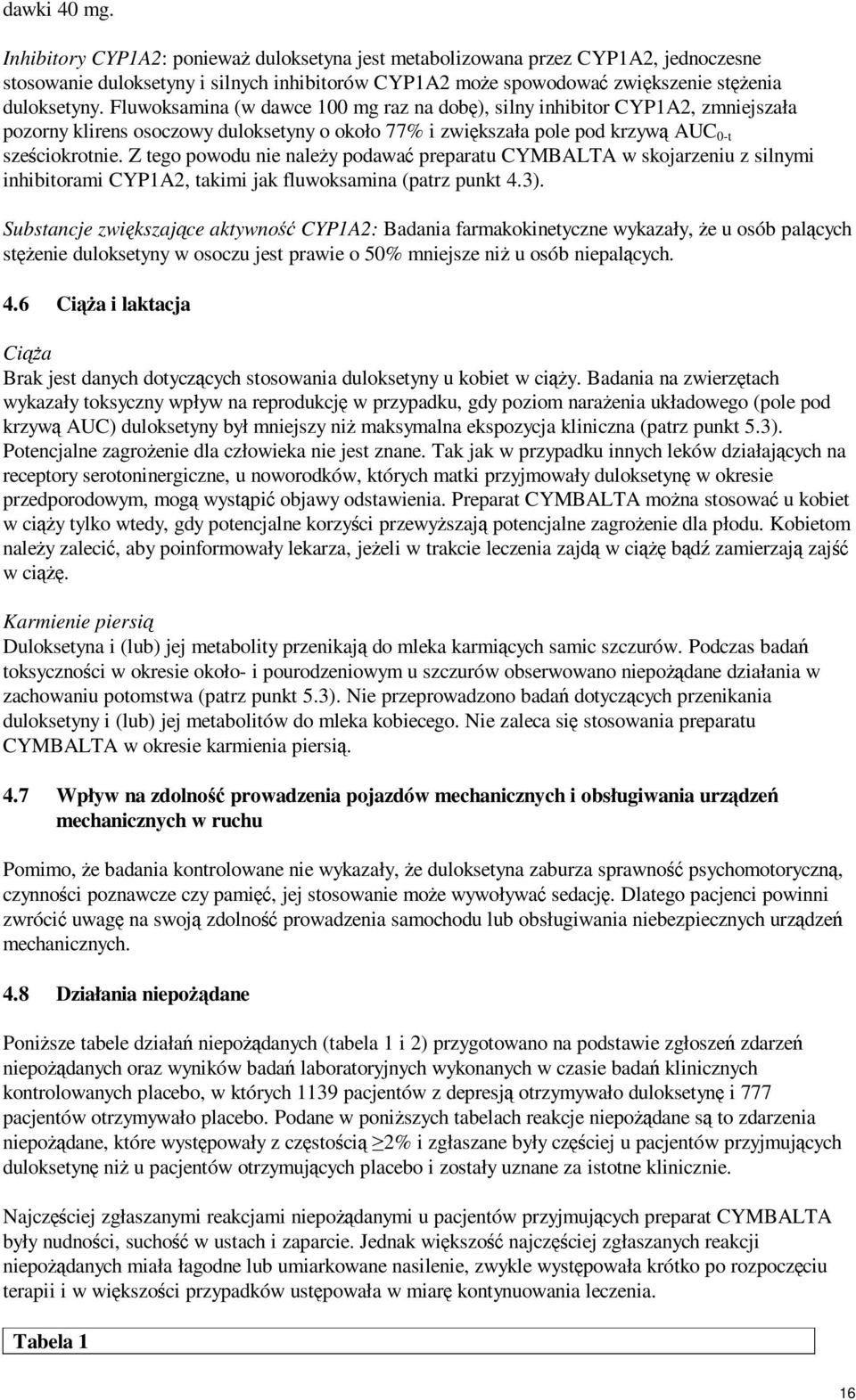 Z tego powodu nie należy podawać preparatu CYMBALTA w skojarzeniu z silnymi inhibitorami CYP1A2, takimi jak fluwoksamina (patrz punkt 4.3).