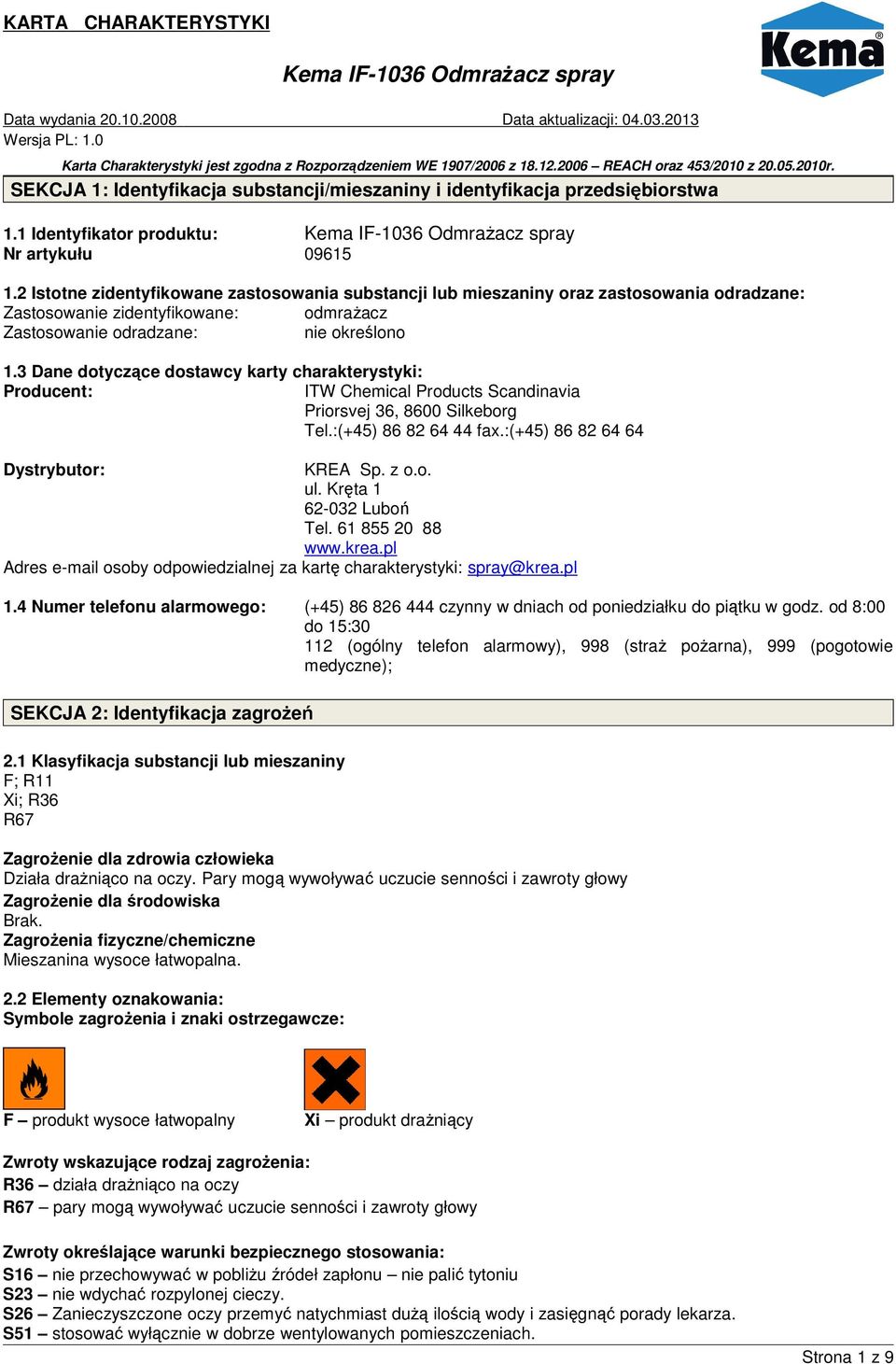 3 Dane dotyczące dostawcy karty charakterystyki: Producent: ITW Chemical Products Scandinavia Priorsvej 36, 8600 Silkeborg Tel.:(+45) 86 82 64 44 fax.:(+45) 86 82 64 64 Dystrybutor: KREA Sp. z o.o. ul.