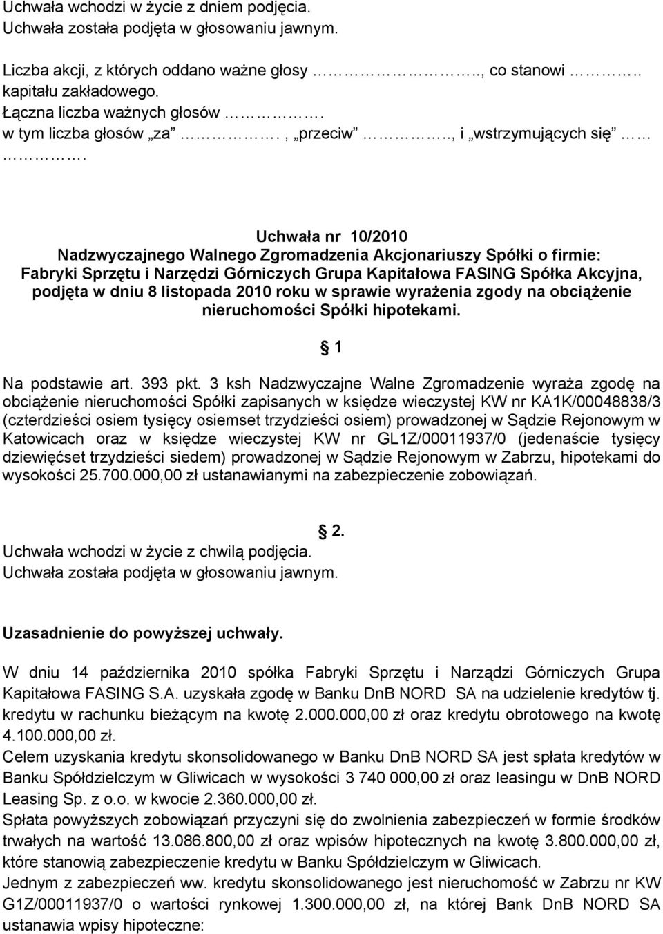 dniu 8 listopada 2010 roku w sprawie wyrażenia zgody na obciążenie nieruchomości Spółki hipotekami. 1 Na podstawie art. 393 pkt.