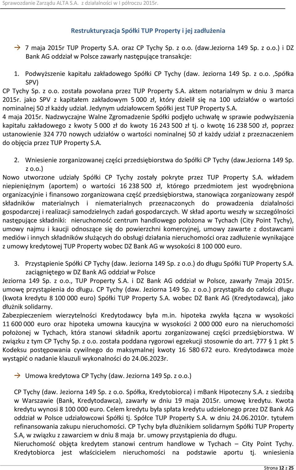 jako SPV z kapitałem zakładowym 5 000 zł, który dzielił się na 100 udziałów o wartości nominalnej 50 zł każdy udział. Jedynym udziałowcem Spółki jest TUP Property S.A. 4 maja 2015r.