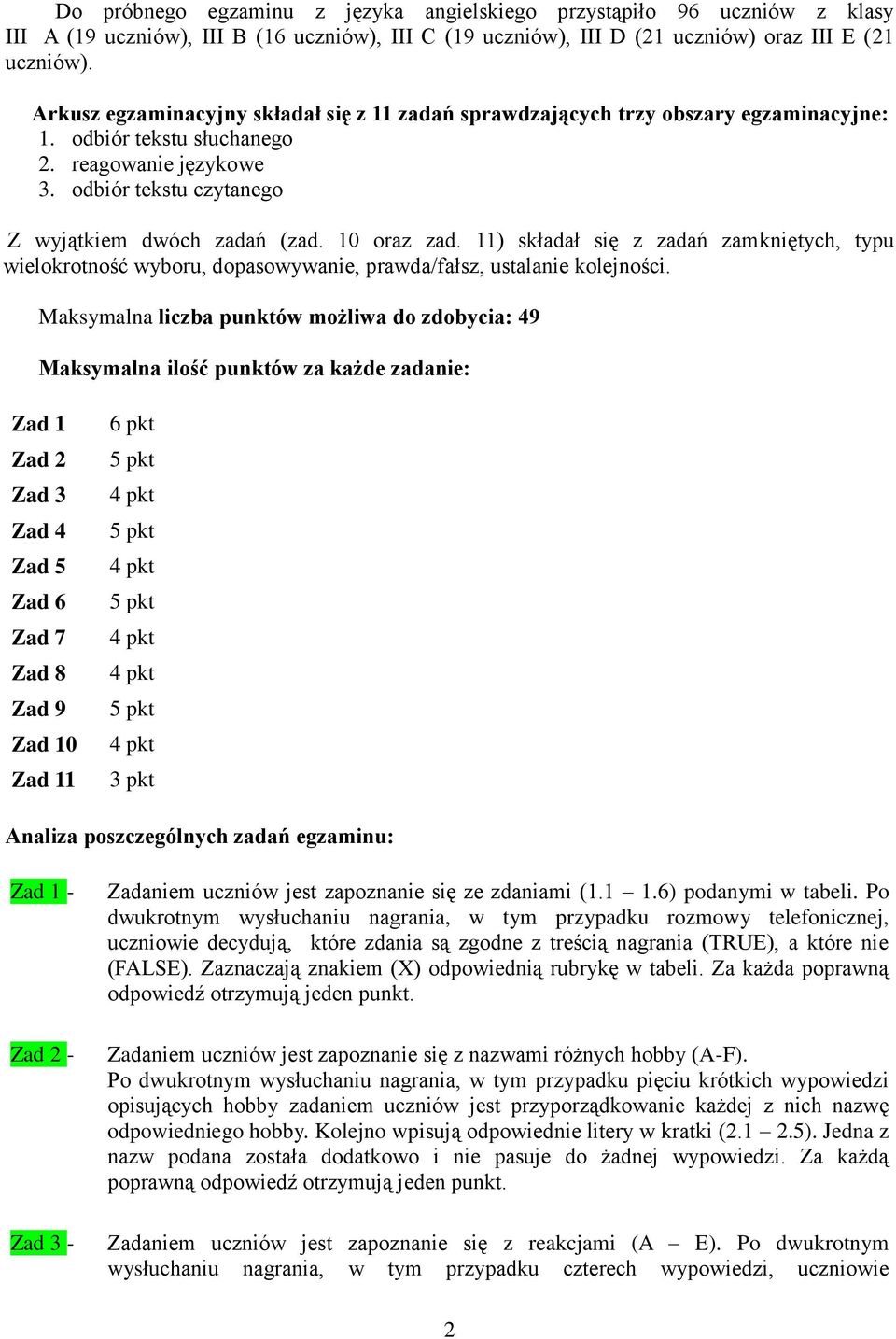 10 oraz zad. 11) składał się z zadań zamkniętych, typu wielokrotność wyboru, dopasowywanie, prawda/fałsz, ustalanie kolejności.