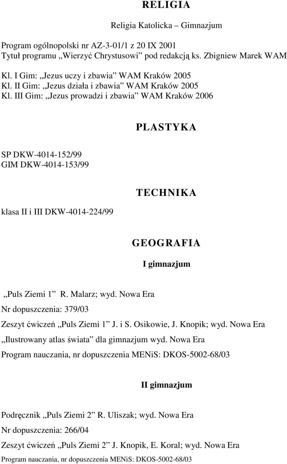 III Gim: Jezus prowadzi i zbawia WAM Kraków 2006 PLASTYKA SP DKW-4014-152/99 GIM DKW-4014-153/99 klasa II i III DKW-4014-224/99 TECHNIKA GEOGRAFIA I gimnazjum Puls Ziemi 1 R. Malarz; wyd.