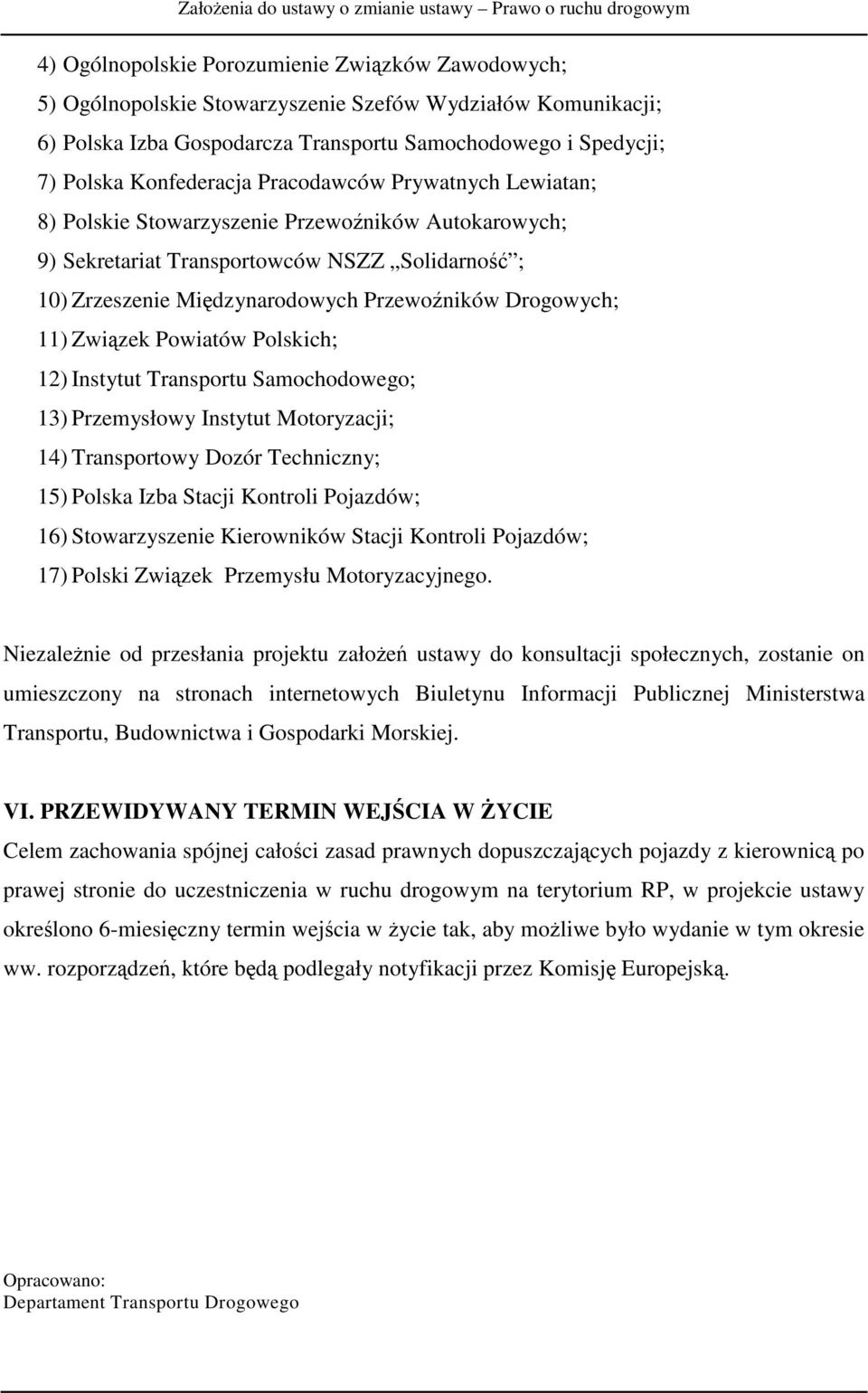 Związek Powiatów Polskich; 12) Instytut Transportu Samochodowego; 13) Przemysłowy Instytut Motoryzacji; 14) Transportowy Dozór Techniczny; 15) Polska Izba Stacji Kontroli Pojazdów; 16) Stowarzyszenie