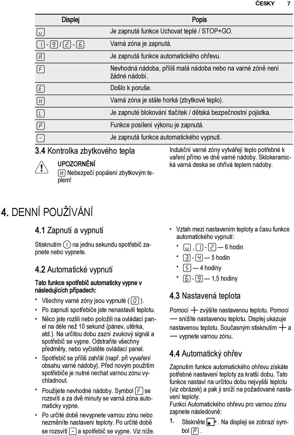 4 Kontrolka zbytkového tepla UPOZORNĚNÍ Nebezpečí popálení zbytkovým teplem! ČESKY 7 Indukční varné zóny vytvářejí teplo potřebné k vaření přímo ve dně varné nádoby.