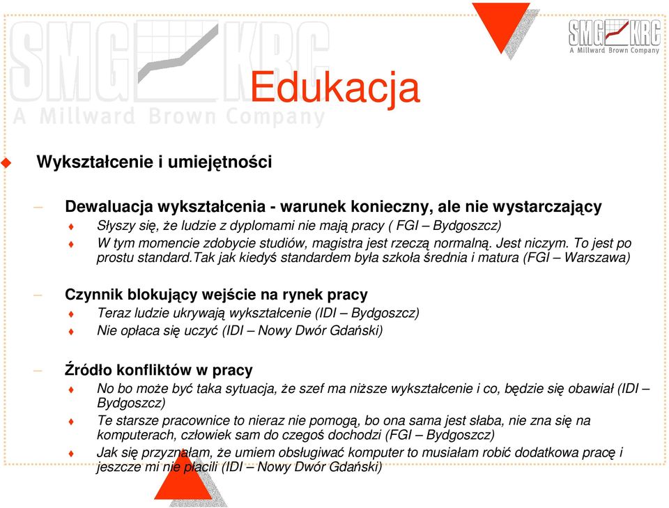 tak jak kiedy standardem była szkoła rednia i matura (FGI Warszawa) Czynnik blokujcy wejcie na rynek pracy Teraz ludzie ukrywaj wykształcenie (IDI Bydgoszcz) Nie opłaca si uczy (IDI Nowy Dwór Gdaski)