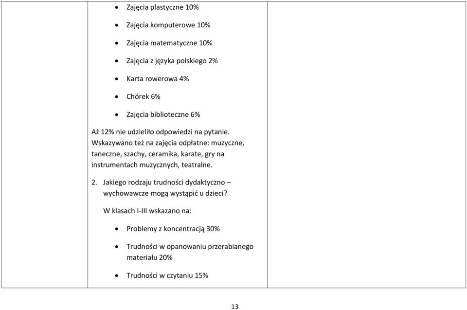 Wskazywano też na zajęcia odpłatne: muzyczne, taneczne, szachy, ceramika, karate, gry na instrumentach muzycznych, teatralne. 2.