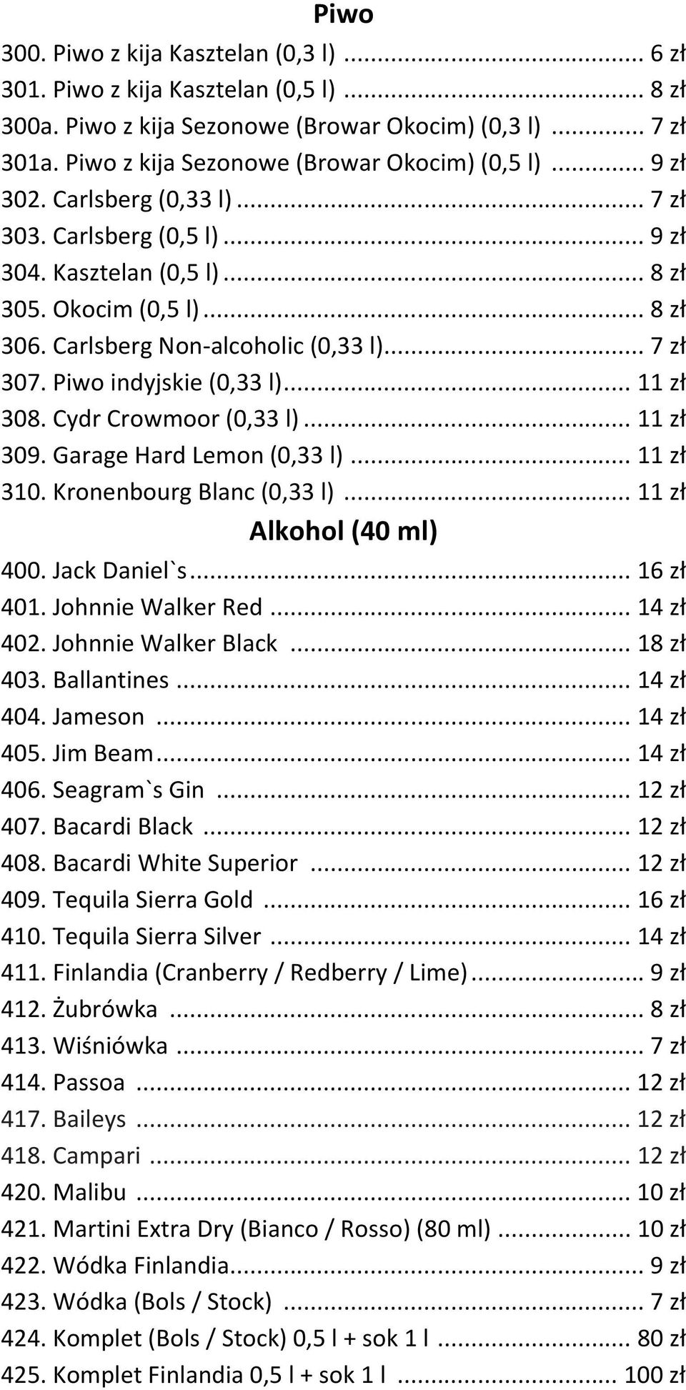 Carlsberg Non-alcoholic (0,33 l)... 7 zł 307. Piwo indyjskie (0,33 l)... 11 zł 308. Cydr Crowmoor (0,33 l)...11 zł 309. Garage Hard Lemon (0,33 l)... 11 zł 310. Kronenbourg Blanc (0,33 l).