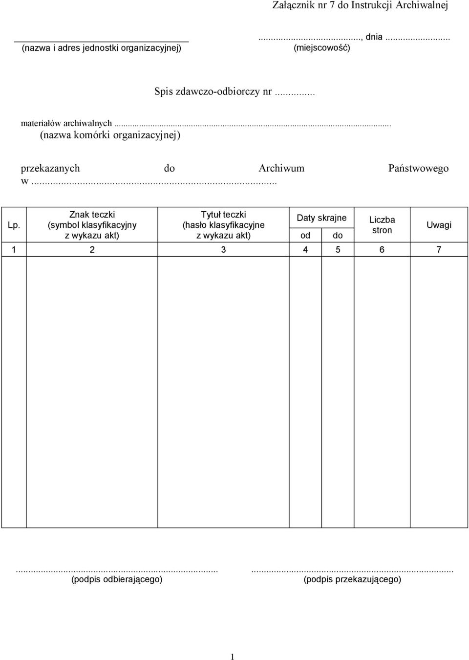 .. (nazwa komórki organizacyjnej) przekazanych do Archiwum Państwowego w... Lp.