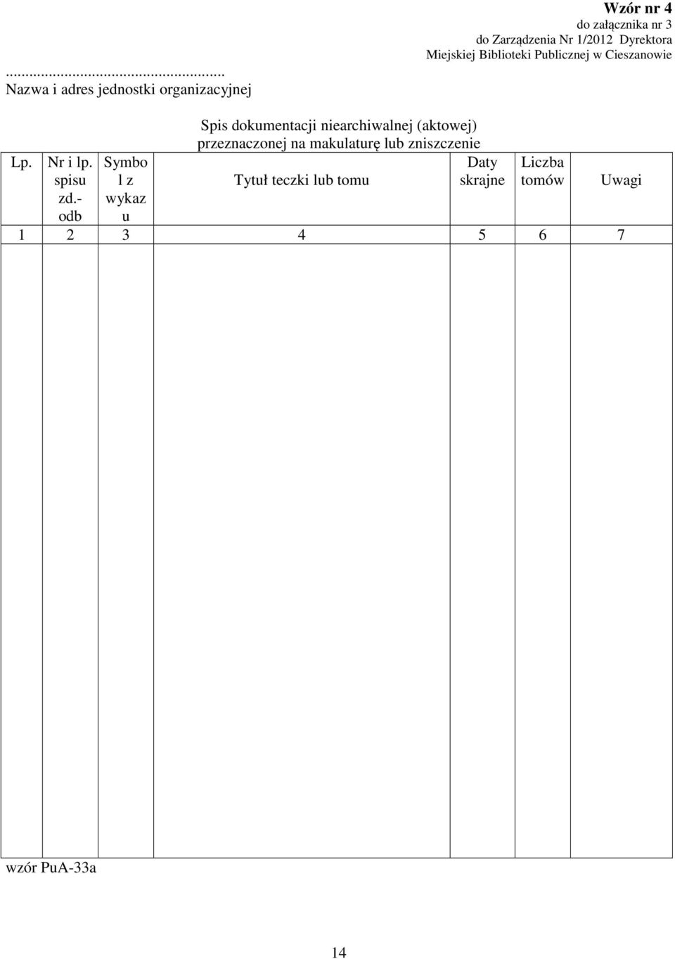- odb Symbo l z wykaz u Spis dokumentacji niearchiwalnej (aktowej) przeznaczonej na