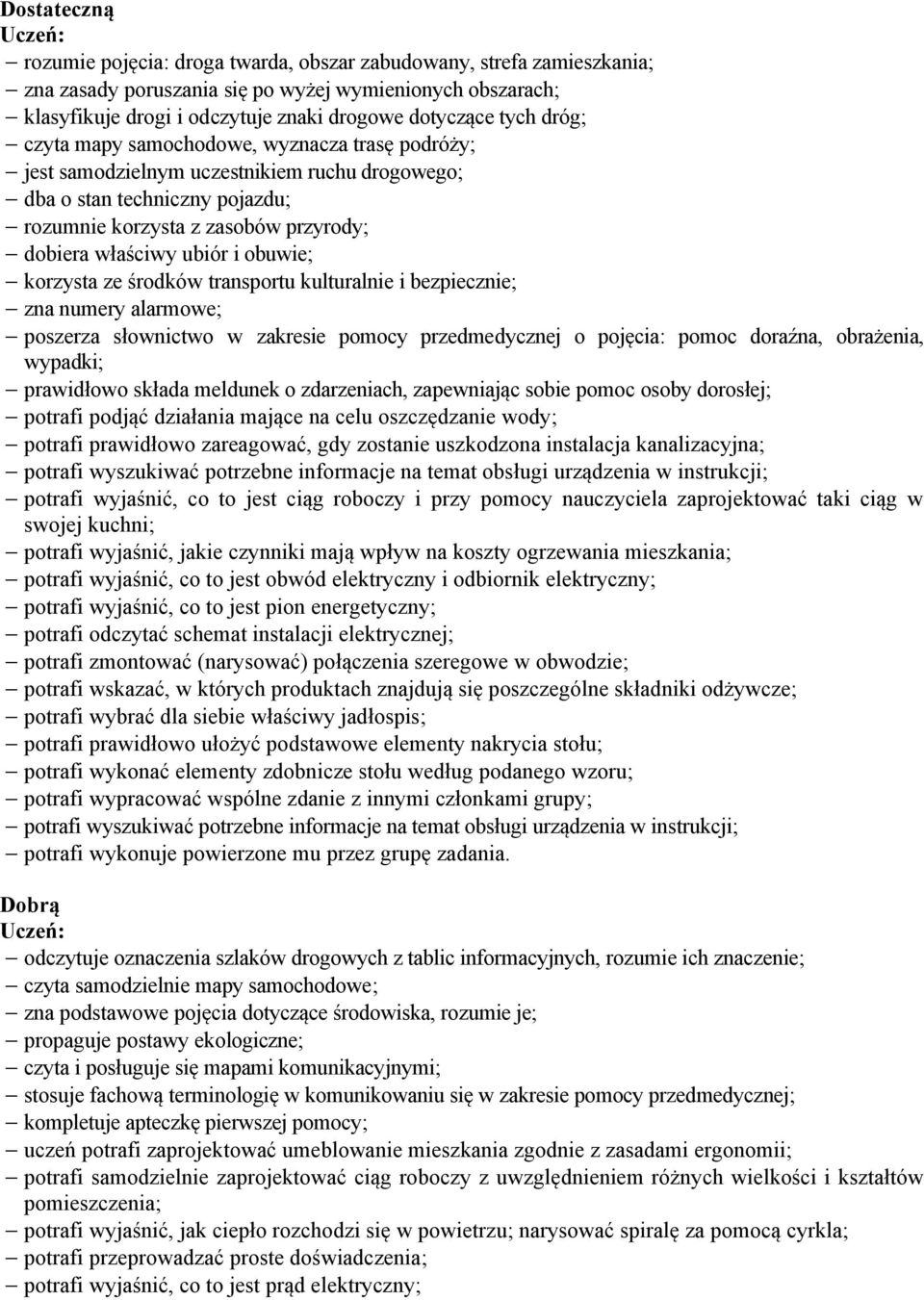 i obuwie; korzysta ze środków transportu kulturalnie i bezpiecznie; zna numery alarmowe; poszerza słownictwo w zakresie pomocy przedmedycznej o pojęcia: pomoc doraźna, obrażenia, wypadki; prawidłowo