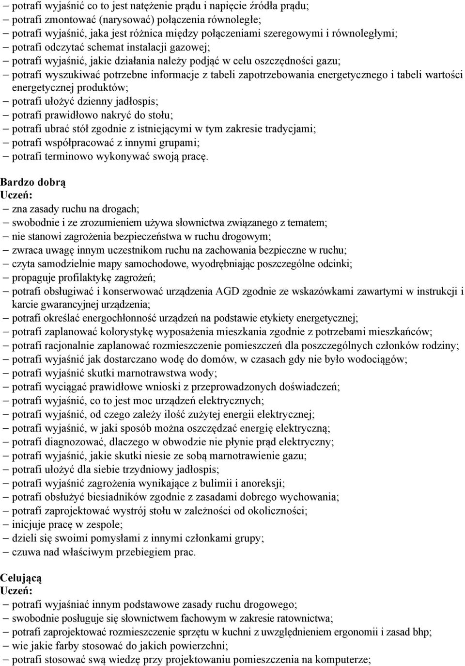 energetycznego i tabeli wartości energetycznej produktów; potrafi ułożyć dzienny jadłospis; potrafi prawidłowo nakryć do stołu; potrafi ubrać stół zgodnie z istniejącymi w tym zakresie tradycjami;